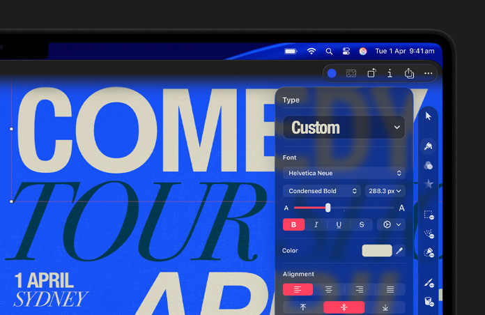 Pixelmator Pro workspace with white and black typography on blue background, toolkit bar to the right
