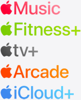Ícones dos apps Apple Music, Apple Fitness+, Apple TV+, Apple News+, Apple Arcade e iCloud+.