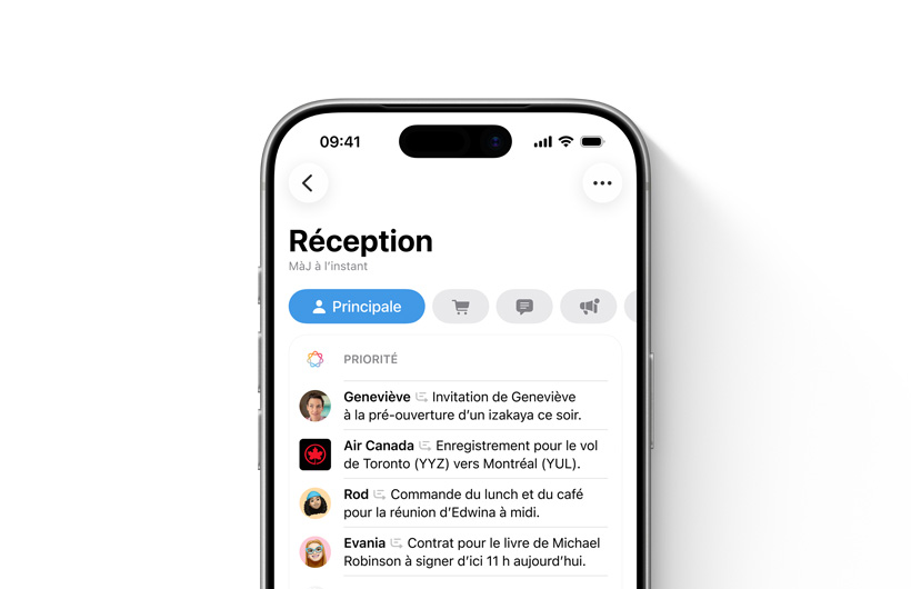Boîte de réception de Mail sur iPhone affichant en tête de liste les courriels importants