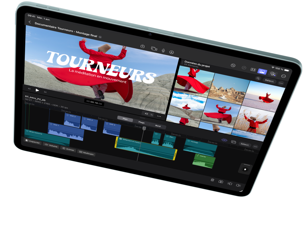 iPad Air en orientation paysage, montrant le montage vidéo dans Final Cut Pro