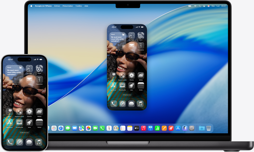 iPhone et MacBook côte à côte montrant la fonctionnalité de recopie sur le MacBook. Widgets Calendrier et Notes dans la partie supérieure de l’écran, apps dans la partie inférieure.