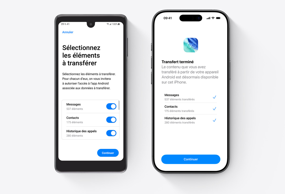 Côte à côte, l’écran d’un appareil Android montre l’app Migrer vers iOS, l’écran d’un iPhone montre l’app Migrer vers iOS