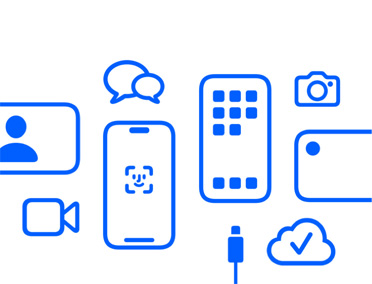 Appareils et fonctionnalités Apple, iCloud, iPhone avec Face ID et câble de recharge, Appareil photo, Messages.