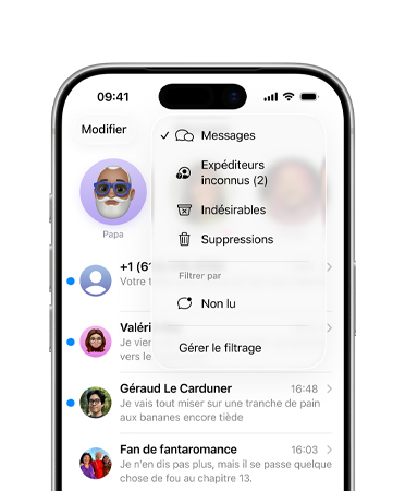 iPhone, seuls les deux tiers supérieurs sont visibles, l’écran affiche l’app Messages avec le nouveau menu superposé des outils de filtrage