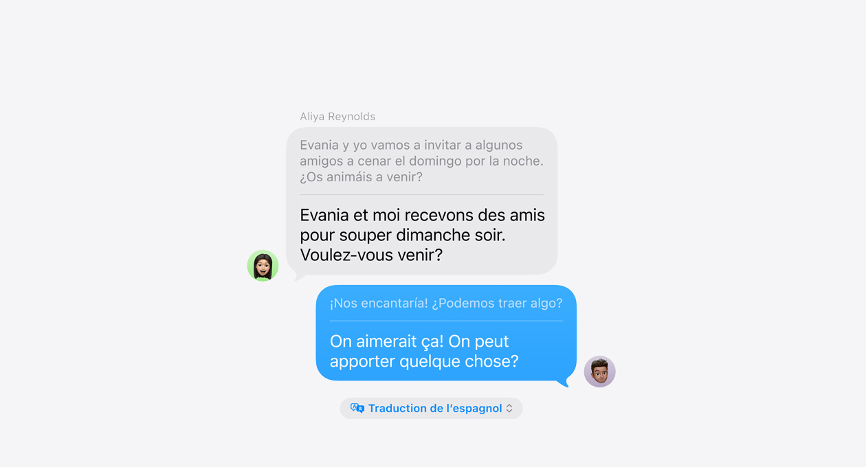 Traduction en direct dans Messages, montrant un exemple de traduction automatique de l’espagnol à l’anglais