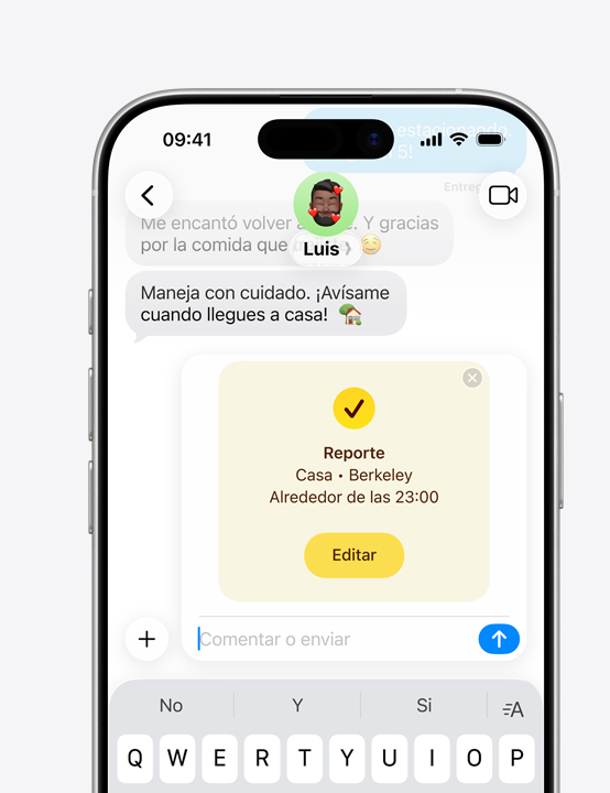 Pantalla de un iPhone que muestra una conversación en Mensajes con la funcionalidad Reporte en uso