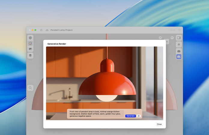 Okno Image Playground s obrázkem stropní lampy a s textovým promptem k rendrování