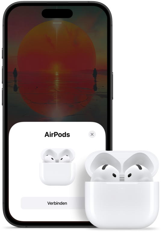 Ein geöffnetes Ladecase mit AirPods 4 darin, neben einem iPhone, das zeigt, dass die AirPods 4 verbunden wurden.