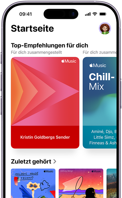 Bildschirm der Apple Music Startseite auf dem iPhone, „Top-Empfehlungen für dich“ Karussell mit von Jenny Court personalisierten Sendern und Playlists