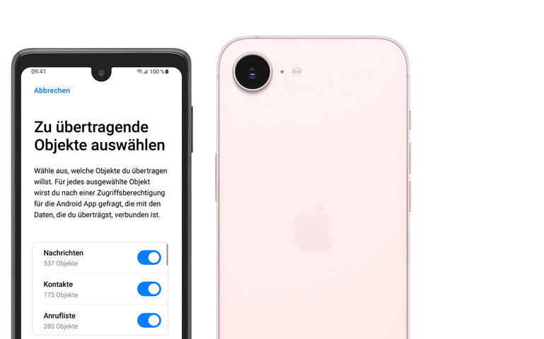 Nebeneinander angeordnet, Android Display mit der App „Auf iOS übertragen“, iPhone 17e, Rückseite, Farbe Hellrosa, Fusion Kamera