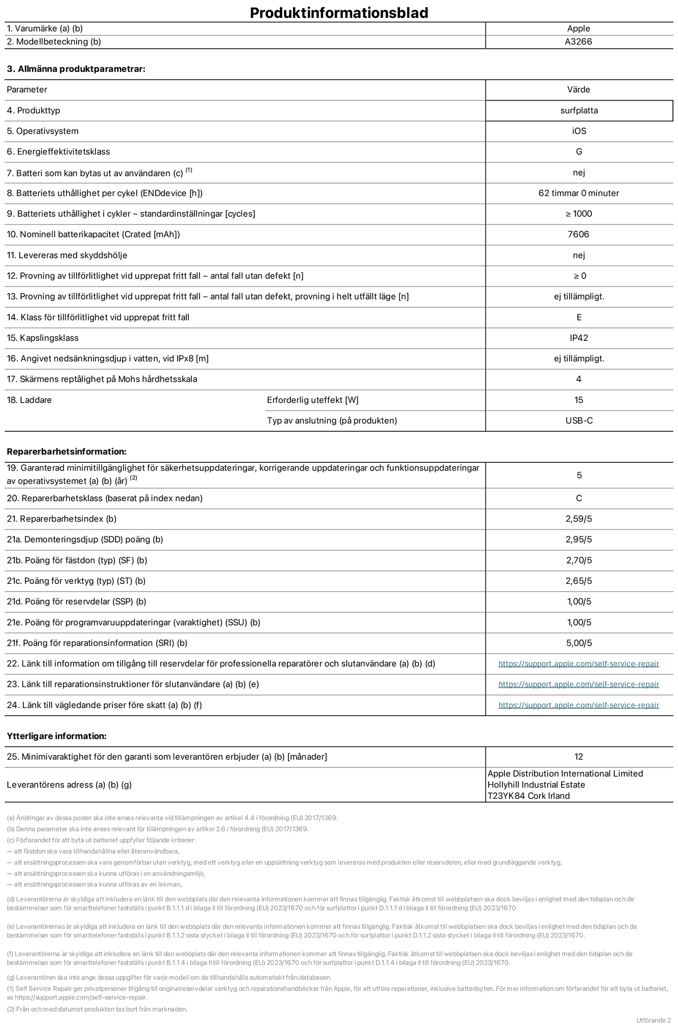 Produktinformationsblad för 11-tums iPad Air Wi-Fi, modell A3266. Tillhandahålls av Apple UK Ltd, 100 New Bridge Street, London EC4V 6JA. Enhetstyp: surfplatta. Operativsystem: iOS. Energieffektivitetsklass för Standard Dynamic Range: G. Batteritid: 62 timmar. Batteriets livslängd i antal cykler: ≥ 1000. Nominell batterikapacitet: 7606 mAh. Tillförlitlighetstest vid upprepat fritt fall – antal fall utan defekter: ≥ 0. Tillförlitlighet vid upprepat fritt fall: klass E. IP-klass: IP42. Skärmens reptålighet enligt Mohs hårdhetsskala: 4. Laddare – uteffekt som krävs: 15 W. Typ av uttag på laddaren: usb-c. Garanterad minimiperiod för tillgång till säkerhetsuppdateringar, korrigerande uppdateringar och funktionsuppdateringar av operativsystemet: 5 år. Reparerbarhetsklass: C. Reparerbarhetsindex: 2,59/5. Poäng för demonteringsdjup: 2,95/5. Poäng för fästen (typ): 2,70/5. Poäng för verktyg: 2,65/5. Poäng för reservdelar: 1,00/5. Poäng för mjukvaruuppdateringar: 1,00/5. Poäng för reparationsinformation: 5,00/5. Länk till information om tillgängliga reservdelar för professionella reparatörer och slutanvändare: https://support.apple.com/self-service-repair. Länk till reparationsanvisningar för slutanvändare: https://support.apple.com/self-service-repair. Länk till vägledande priser före skatt: https://support.apple.com/self-service-repair. Produkten omfattas av 12 månaders garanti.