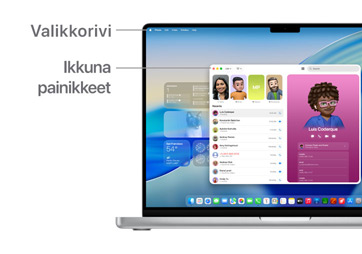 Esittelykierros macOS:ssä navigoinnista, mukana mm. MacBook-laitteen näytön yläreunassa oleva valikkorivi ja Dock.