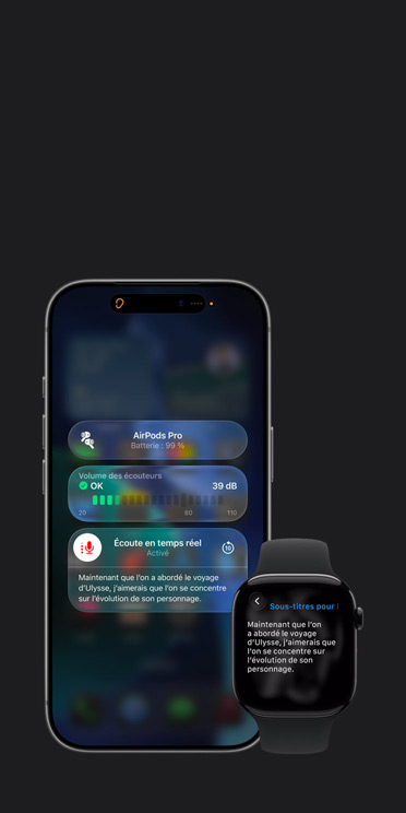 Écran d’iPhone 17 Pro affichant une session d’Écoute en temps réel active avec la transcription de l’audio capturé et écran d’Apple Watch Series 11 affichant les Sous-titres en direct du même audio