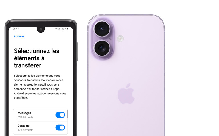 Côte à côte, écran Android affichant l’app Migrer vers iOS, iPhone 17, face arrière, système avancé à deux caméras dans le coin supérieur gauche
