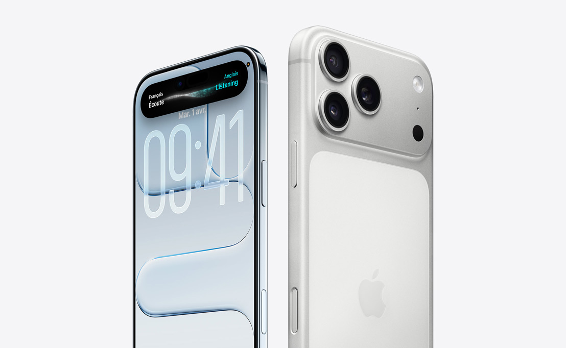 iPhone Air, face avant, écran avec design Liquid Glass et Dynamic Island, bords fins en titane, iPhone 17 Pro, face arrière avec système caméra Pro dans le coin supérieur gauche