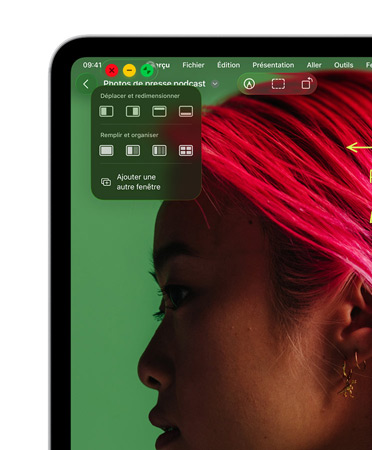 Boutons de fenêtre, avec le bouton rouge pour fermer, le jaune pour réduire et le vert pour agrandir, ainsi que des options permettant de déplacer, de redimensionner ou d’organiser vos fenêtres