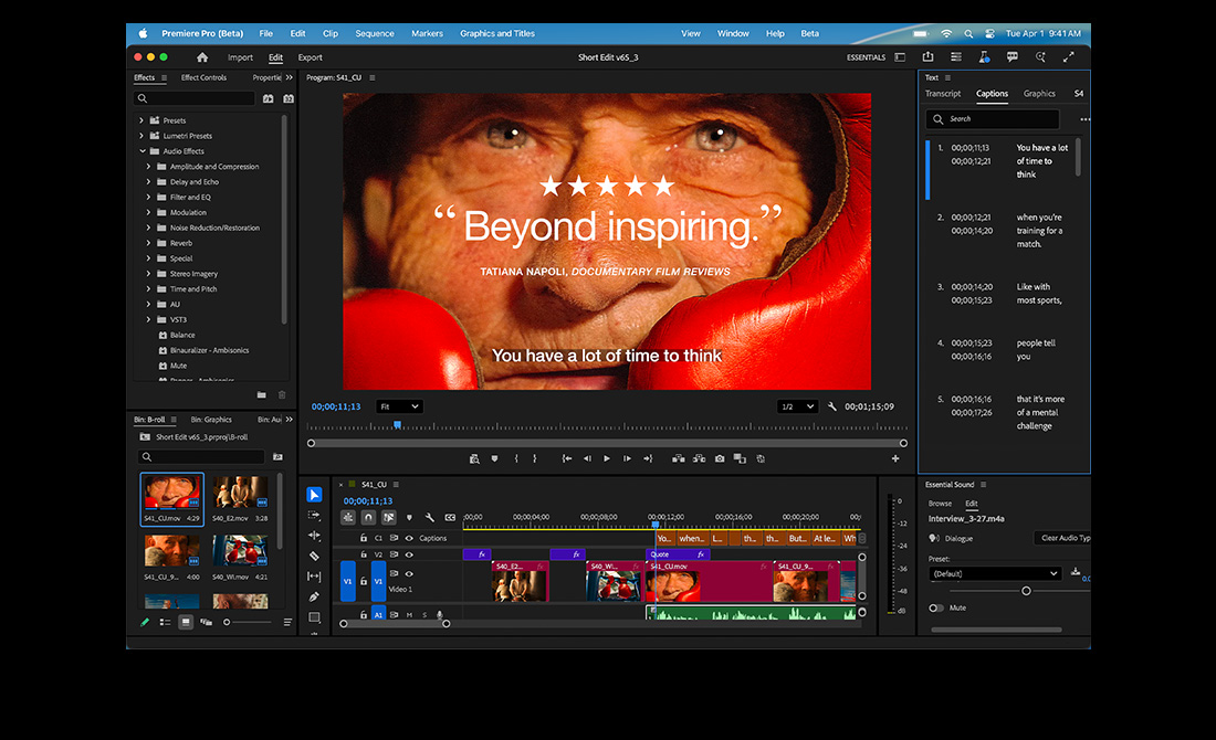 Layar MacBook Pro menampilkan pengeditan film berjudul Eternal Play di Adobe Premiere Pro