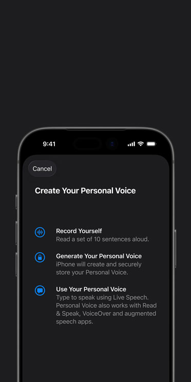 iPhone 17 Pro screen showing Personal Voice feature with instructions on how to create your Personal Voice