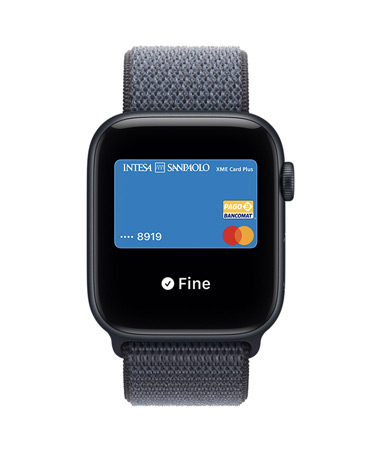 Apple Watch SE 3, cassa in alluminio color mezzanotte, Apple Pay in Apple Wallet, lato destro, Digital Crown, cinturino Sport Loop blu salmastro