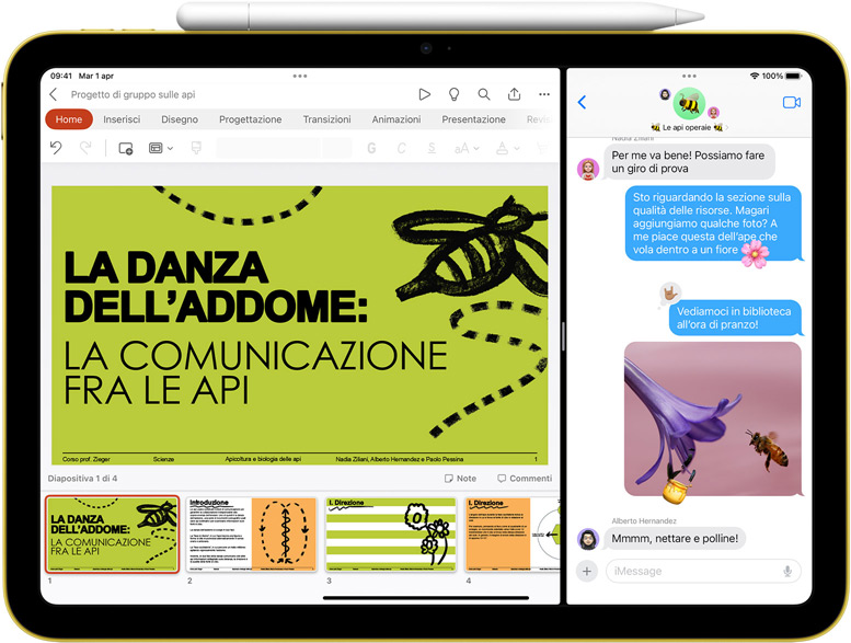 Un iPad con una Apple Pencil Pro agganciata magneticamente; la schermata è in Split View e mostra le app Powerpoint e Messaggi.