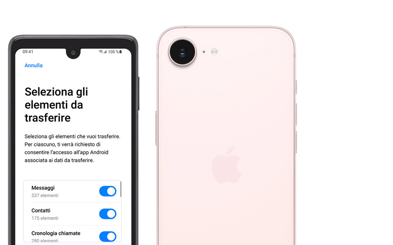 Due telefoni affiancati, un Android con l’app Passa a iOS e un iPhone 17e rosa chiaro mostrato da dietro, fotocamera Fusion