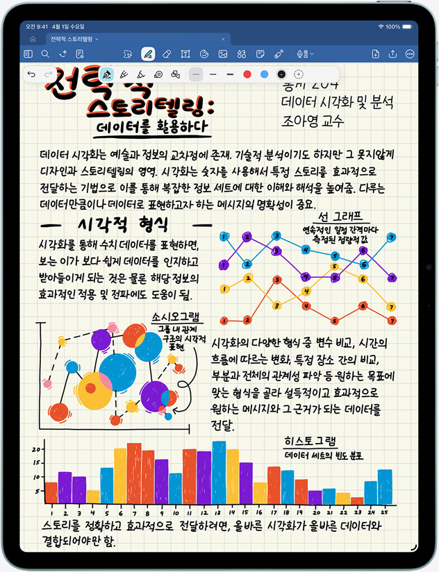 세로 방향으로 놓인 iPad Air가 다양한 필기 내용과 이미지를 보여주는 모습