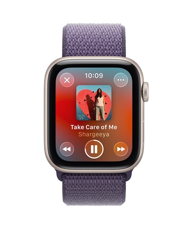 Apple Watch SE 3, aluminum case, starlight color, media playback, Apple Music, right side, Digital Crown, band, Sport Loop, purple fog color