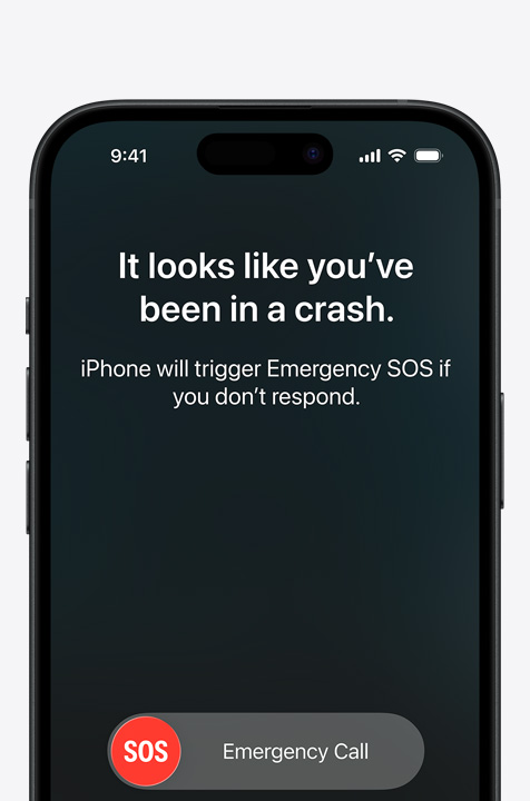 Side-by-side, iPhone screen showing Messages, Find My, Roadside Assistance widgets available via Satellite, iPhone screen showing Emergency SOS in use, iPhone screen showing Roadside Assistance in use