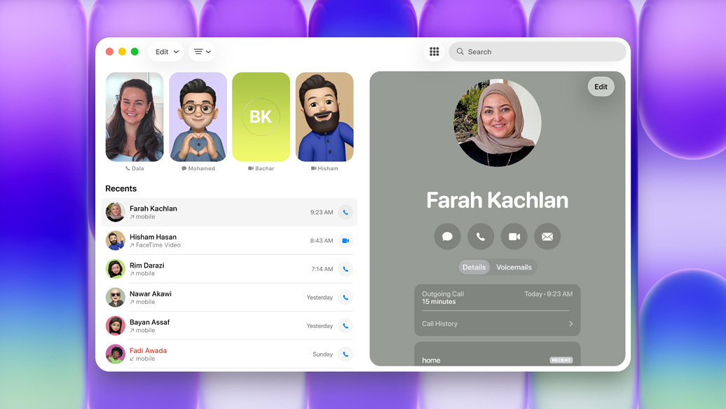 Showing Phone app on MacBook Neo with various contacts and a list of recent calls, one highlighted call shows information on the associated contact