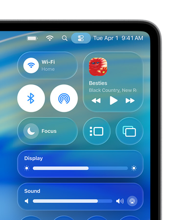 Right side of Mac screen showing Liquid Glass custom controls, like Wi-Fi and Bluetooth, in Control Center
