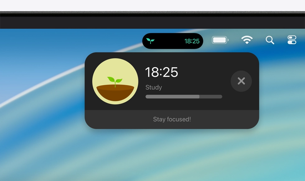 Mac 裝置螢幕頂部顯示選單列，以及已展開的 Forest 專注森林即時動態