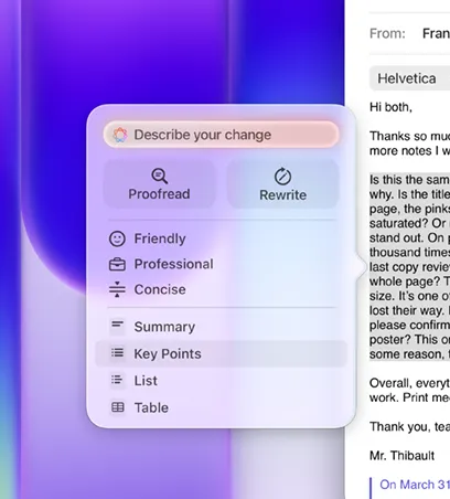 書寫工具應用畫面，在一封郵件中重點標示大段文字，書寫工具的選單顯示已選取「Key&nbsp;Points」，這個選項旁邊有個項目符號列表圖示