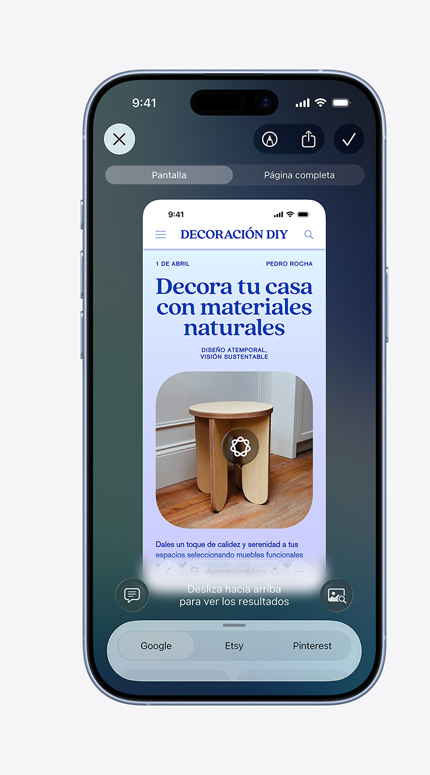 Pantalla de un iPhone que muestra cómo se usa Inteligencia Visual en un proyecto de decoración de interiores