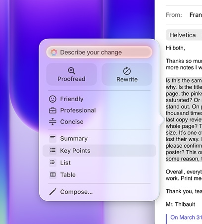 Narzędzia pisania w użyciu, zaznaczony duży akapit tekstu w mejlu, w menu Narzędzi pisania wybrana jest opcja Kluczowe punkty z ikoną listy punktowanej