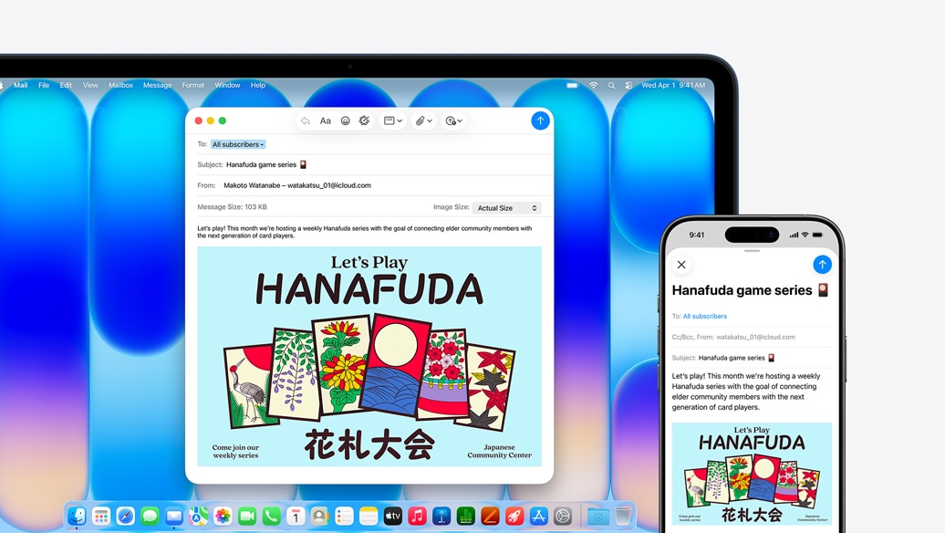MacBook Neo w kolorze indygo obok iPhone’a. Na ekranach obu urządzeń widać tego samego mejla z zaproszeniem na wydarzenie w klubie osiedlowym