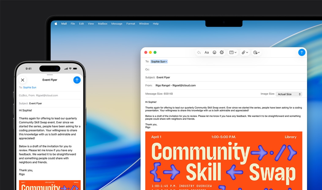 iPhone 16 Plus i MacBook Pro z otwartą apką Poczta i tą samą wiadomością na obu ekranach