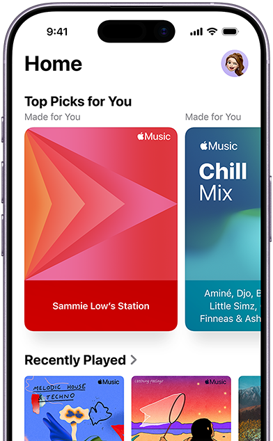 Apple Music Home tab screen on iPhone, Top Picks for You carousel showing Jenny Court’s personalised stations and playlists