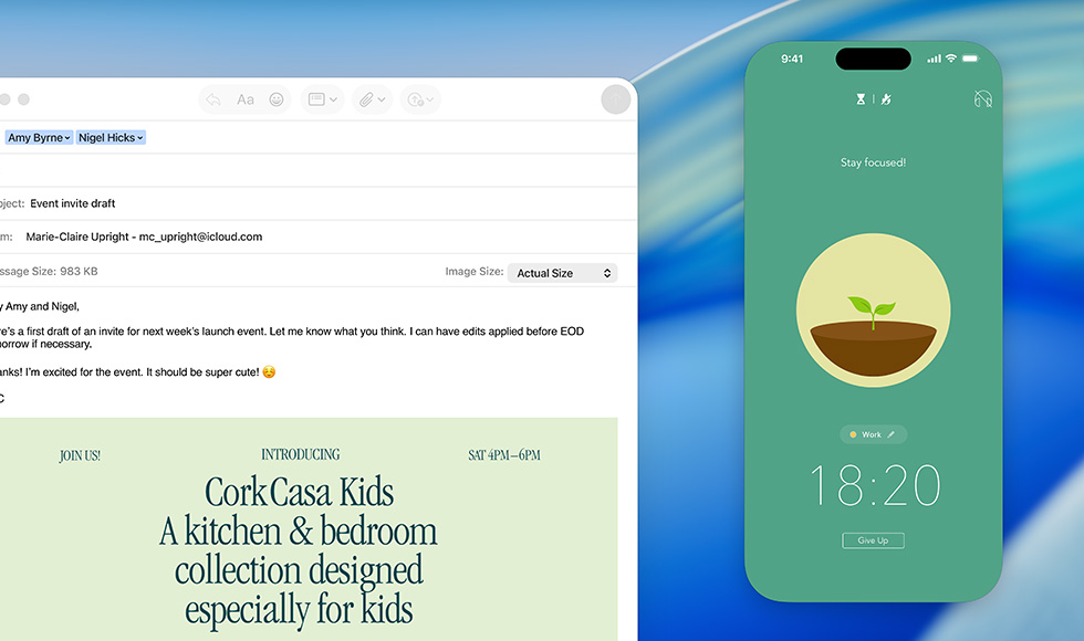 MacBook screen, Mail app open, iPhone screen mirrored on MacBook screen shows Forest