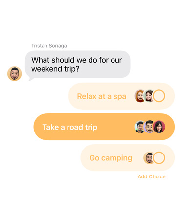Polls feature in Messages with people in the group chat voting for where to take a weekend trip