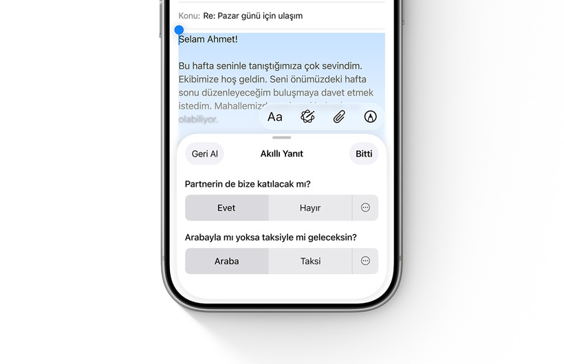 Mail uygulamasındaki Akıllı Yanıt seçenekleri bir iPhone’da gösteriliyor.