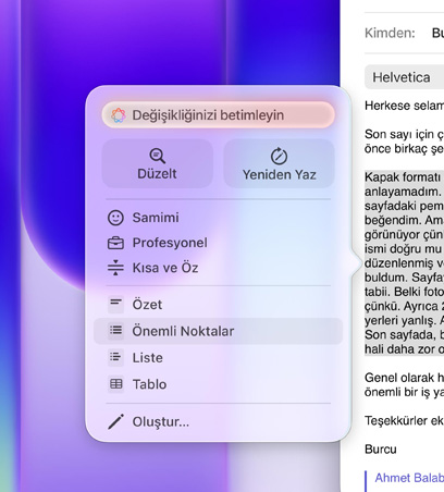 Yazma Araçları kullanılıyor, bir mail’de uzun bir paragraf vurgulanıyor, Yazma Araçları menüsünde yanında madde işaretli liste simgesi bulunan Önemli Noktalar seçeneğinin seçili olduğu gösteriliyor