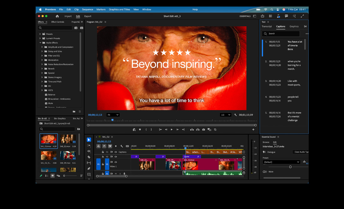 MacBook ekranında, Adobe Premiere Pro’da Eternal Play adlı filmin nasıl düzenlendiği gösteriliyor