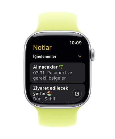 Apple Watch Series 11, kadranda Notlar uygulaması ve iki adet İğnelenmiş not görünüyor