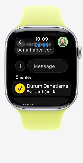 Apple Watch Series 11, alüminyum kasa, gümüş renk, iMessage’da Durum Denetleme önerisi, Spor Kordon, neon sarı renk