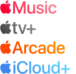 Apple 訂閱服務標誌，包括 Apple Music、Apple TV Plus、Apple Arcade、iCloud Plus