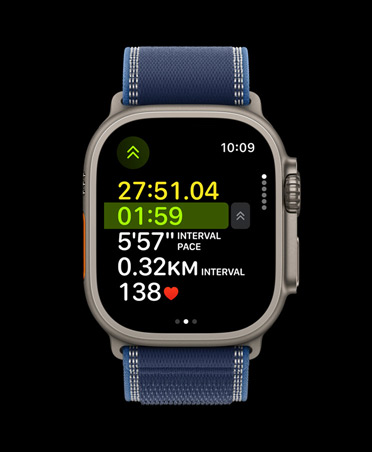 Apple Watch Ultra 3, natural colour, titanium case, advanced Outdoor Run workout metrics, strap, Trail Loop, blue bright blue colour