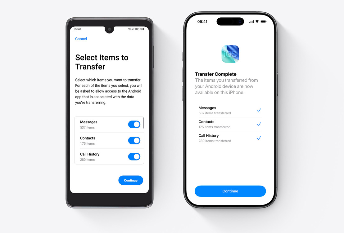 Side by side, Android screen showing Move to iOS App, iPhone screen showing Move to iOS App