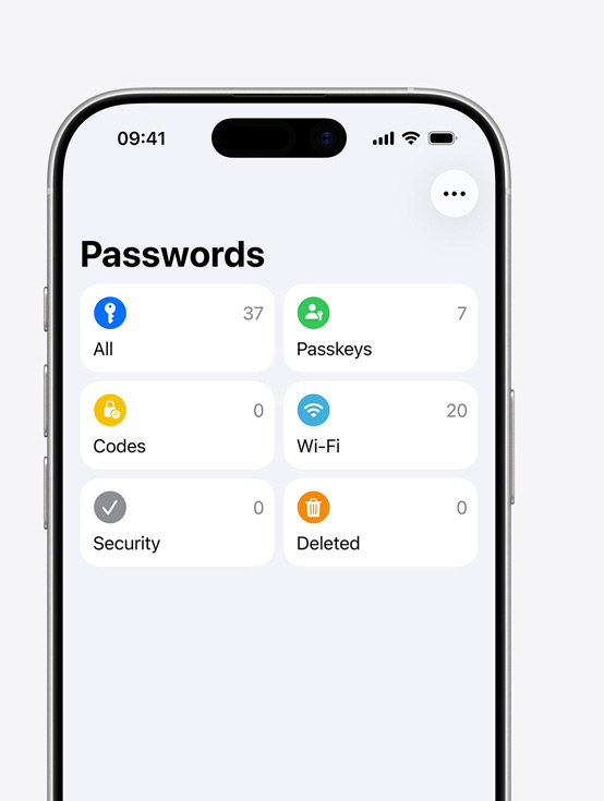 iPhone screen showing Passwords menu with options All, Passkeys, Codes, Wi‑Fi, Security, Deleted