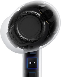 Close da arquitetura de um AirPods Pro 3 apontando para as pontas de silicone com isolamento de ruído.