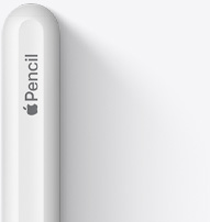 Vue du haut d’un Apple Pencil 2ᵉ génération, montrant le sommet arrondi, le logo Apple et le mot Pencil.
